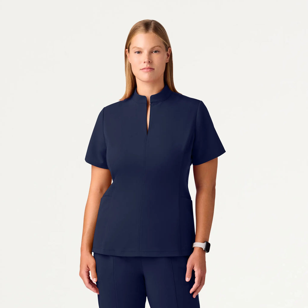 Jaanuu Scrubs Women's Aria Fit & Flare Mock-Neck Scrub Top Midnight Navy | scrub-supply.com