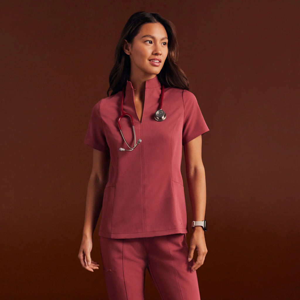 Jaanuu Scrubs Women's Aria Fit & Flare Mock-Neck Scrub Top Mulberry | scrub-supply.com