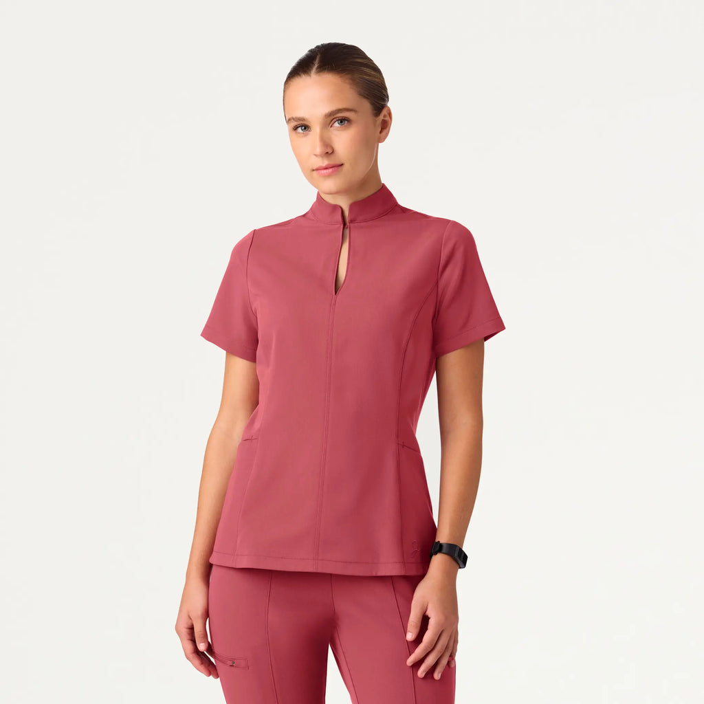 Jaanuu Scrubs Women's Aria Fit & Flare Mock-Neck Scrub Top Mulberry | scrub-supply.com