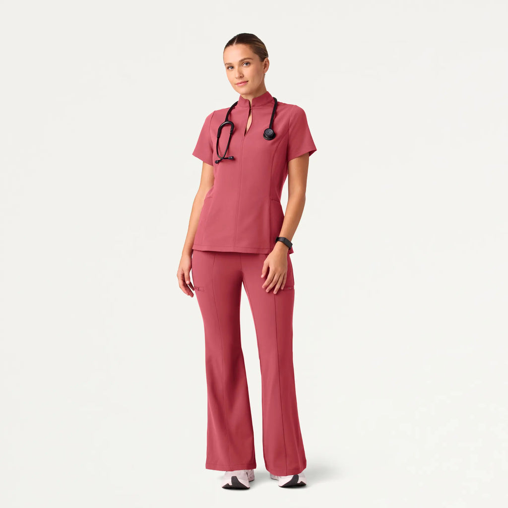 Jaanuu Scrubs Women's Aria Fit & Flare Mock-Neck Scrub Top Mulberry | scrub-supply.com