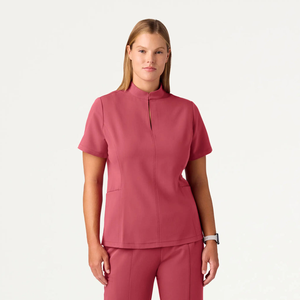 Jaanuu Scrubs Women's Aria Fit & Flare Mock-Neck Scrub Top Mulberry | scrub-supply.com