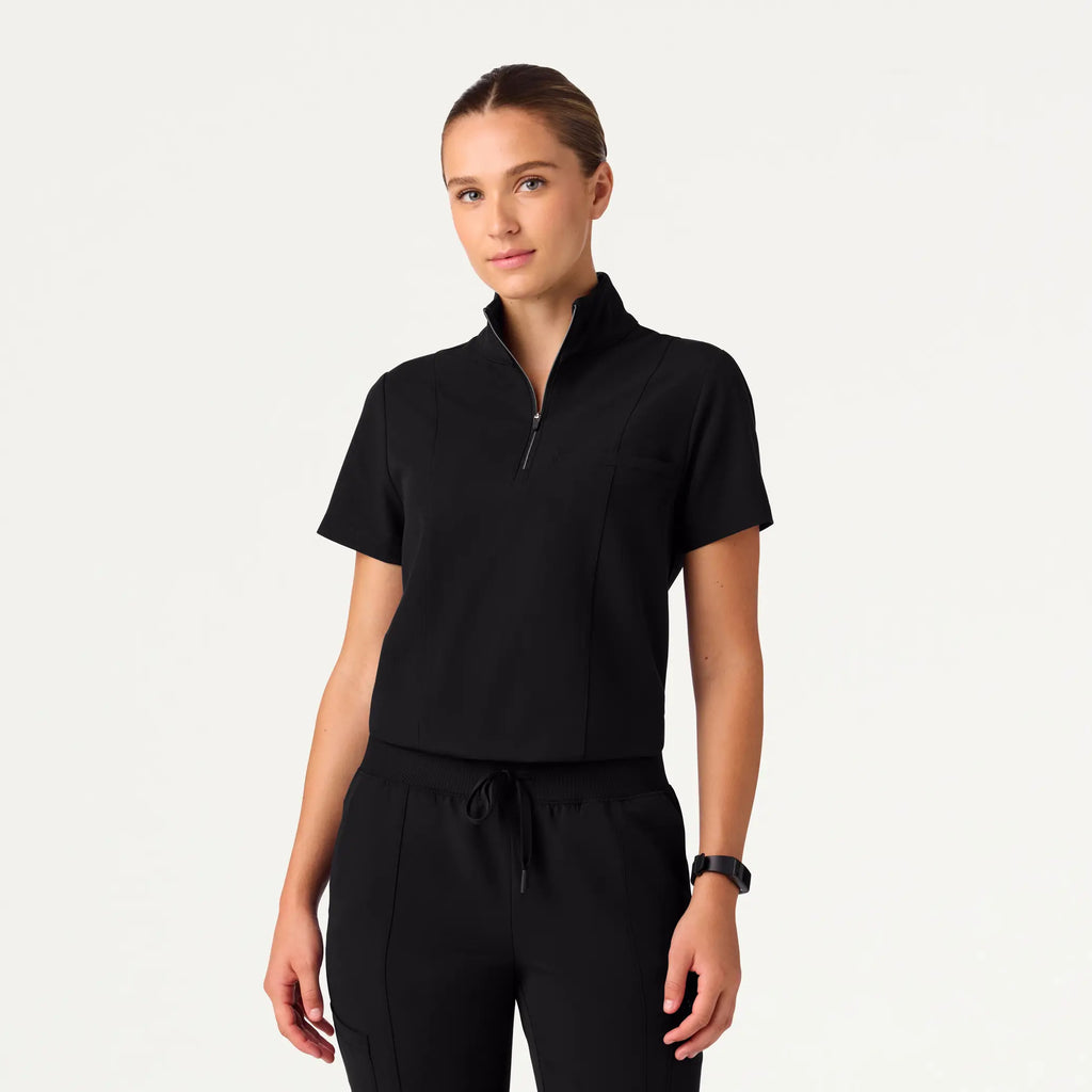 Jaanuu Scrubs Women's Nora Half-Zip Collared Scrub Top Black | scrub-supply.com