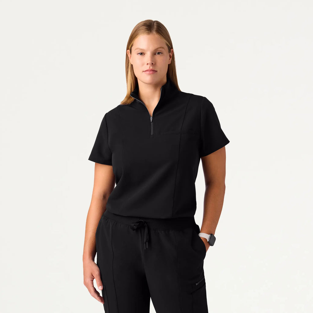 Jaanuu Scrubs Women's Nora Half-Zip Collared Scrub Top Black | scrub-supply.com