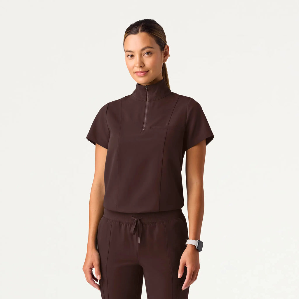 Jaanuu Scrubs Women's Nora Half-Zip Collared Scrub Top Dark Brown | scrub-supply.com