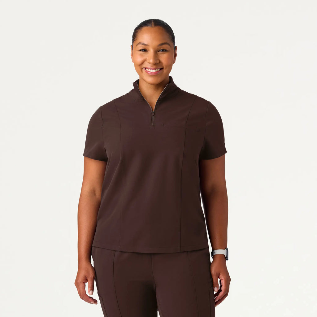 Jaanuu Scrubs Women's Nora Half-Zip Collared Scrub Top Dark Brown | scrub-supply.com