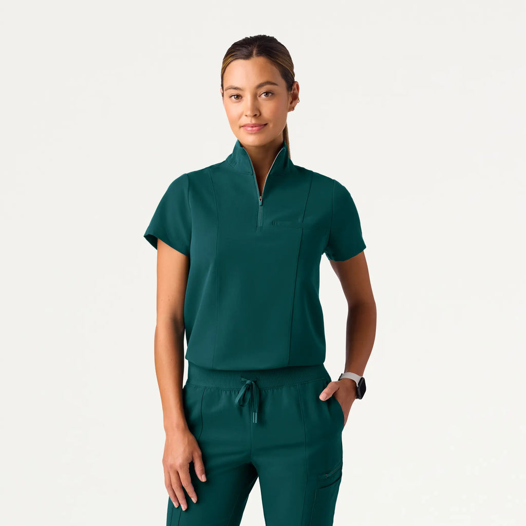 Jaanuu Scrubs Women's Nora Half-Zip Collared Scrub Top Midnight Green | scrub-supply.com