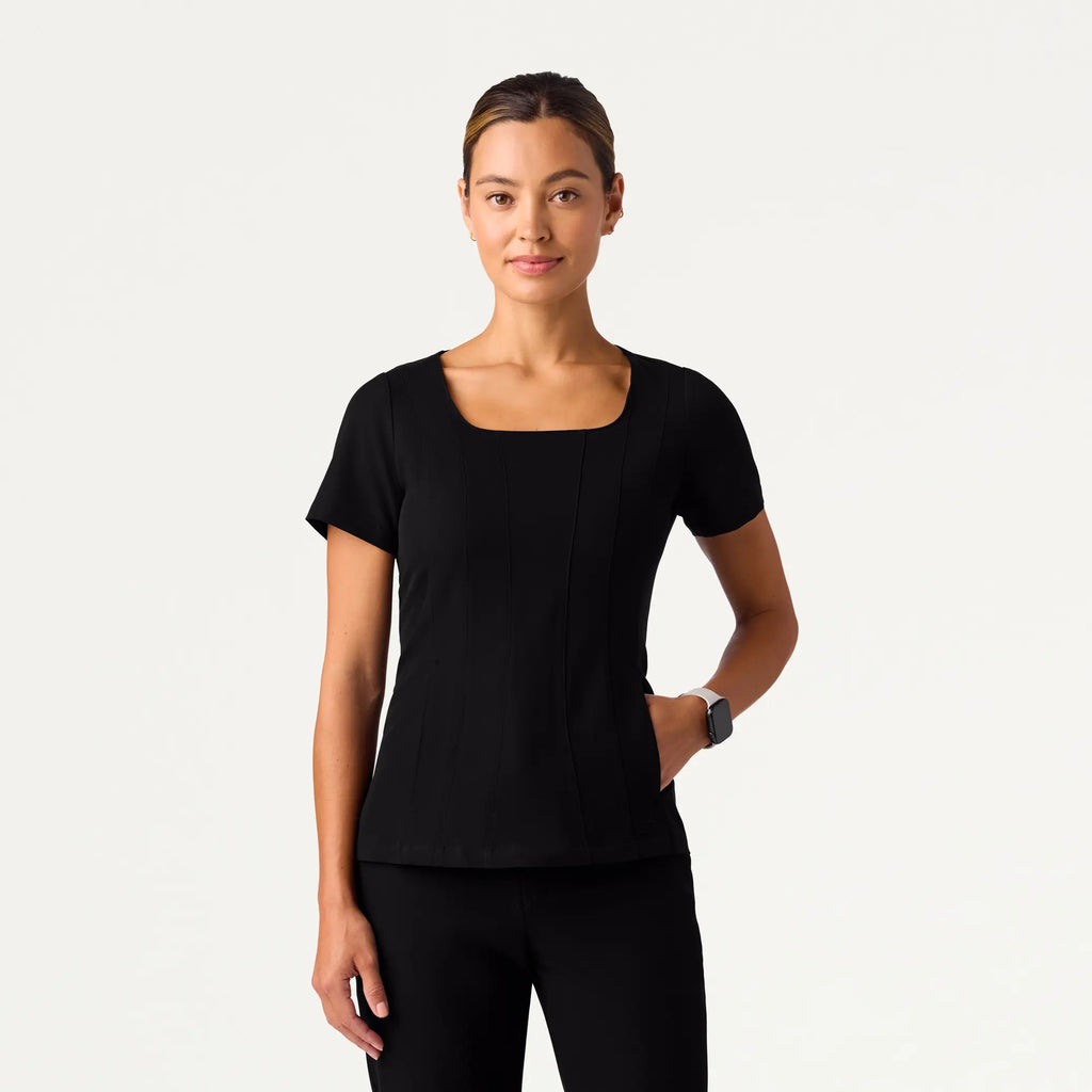 Jaanuu Scrubs Women's Emery Slim Square-Neck Scrub Top Black | scrub-supply.com