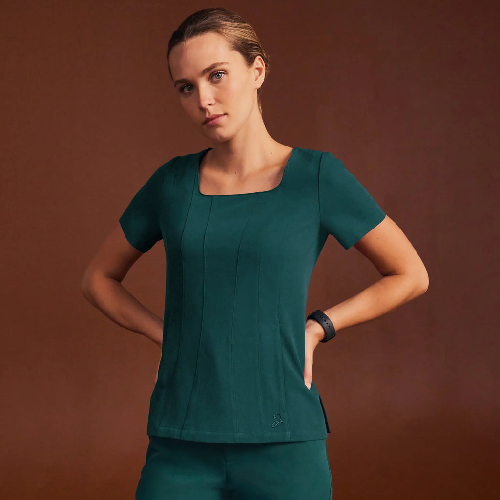 Jaanuu Scrubs Women's Emery Slim Square-Neck Scrub Top Midnight Green | scrub-supply.com