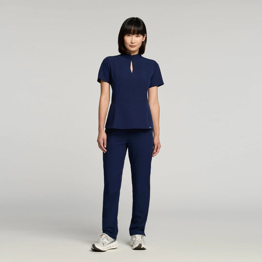 Jaanuu Scrubs Women's Aria Fit & Flare Scrub Top Midnight Navy | scrub-supply.com