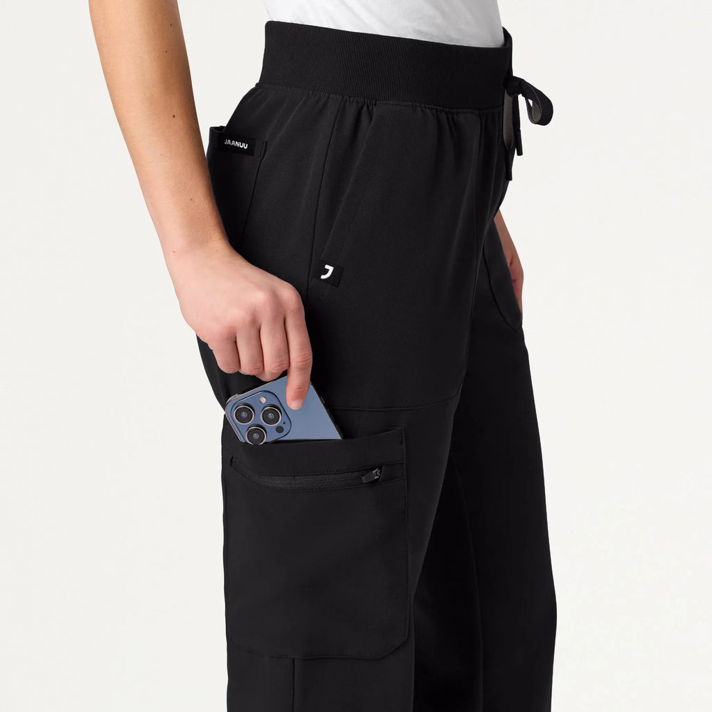 Jaanuu Scrubs Women's Xenos Cargo Knit-Waist Scrub Pant Black | scrub-supply.com
