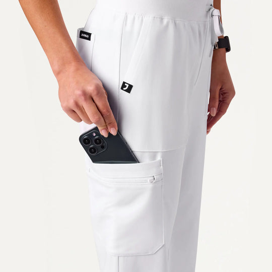 Jaanuu Scrubs Women's Xenos Cargo Knit-Waist Scrub Pant White | scrub-supply.com