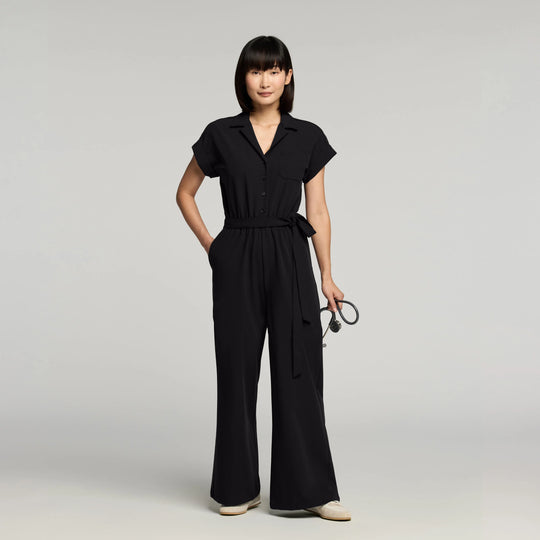 Jaanuu Scrubs Women's The Wide-Leg Scrub Jumpsuit Black | scrub-supply.com