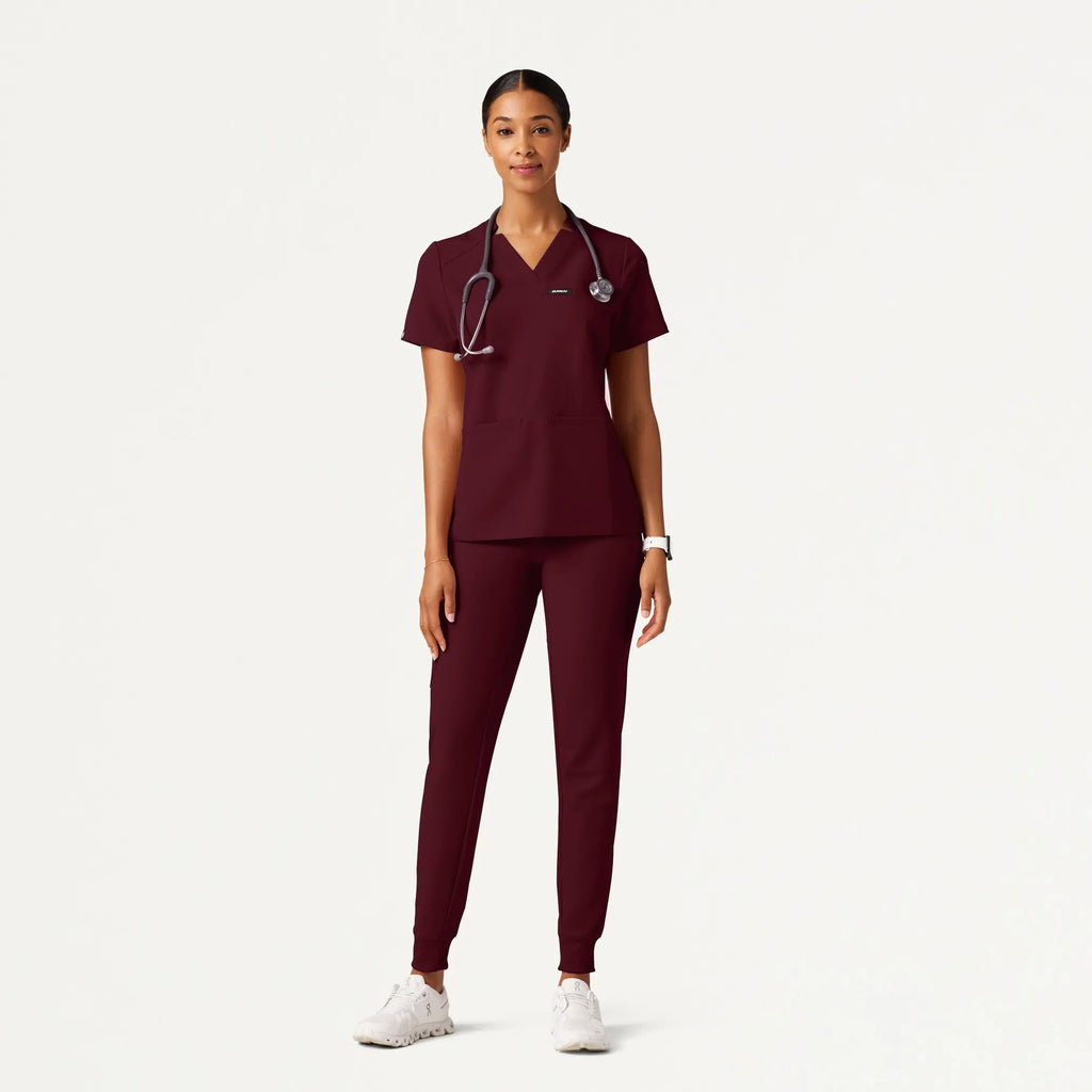 Jaanuu Scrubs Women's Silex Slim Knit-Waist Scrub Jogger Burgundy | scrub-supply.com