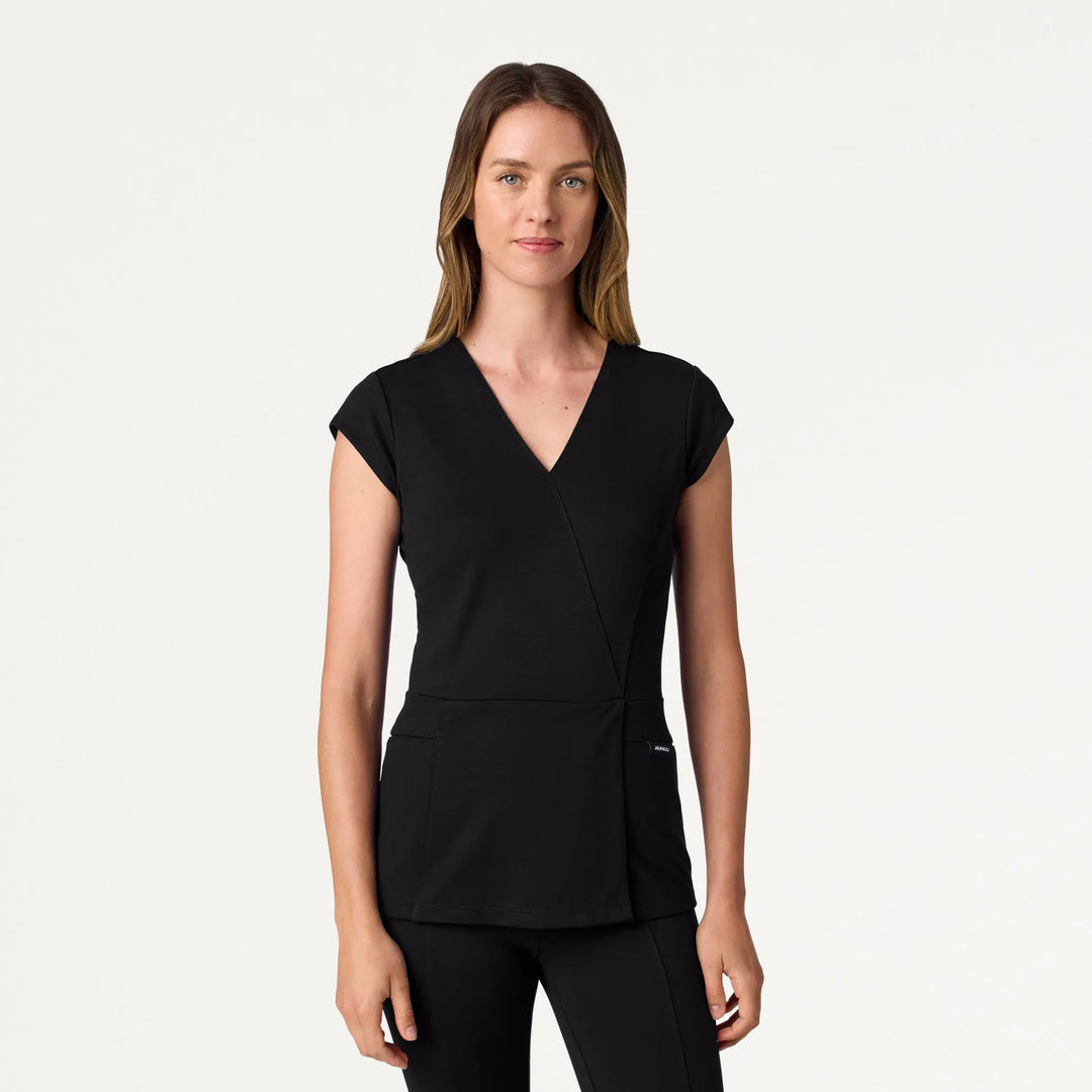 Jaanuu Scrubs Women's Isla Mock-Wrap ULTRAsoft Scrub Top Black | scrub-supply.com