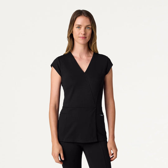 Jaanuu Scrubs Women's Isla Mock-Wrap ULTRAsoft Scrub Top Black | scrub-supply.com