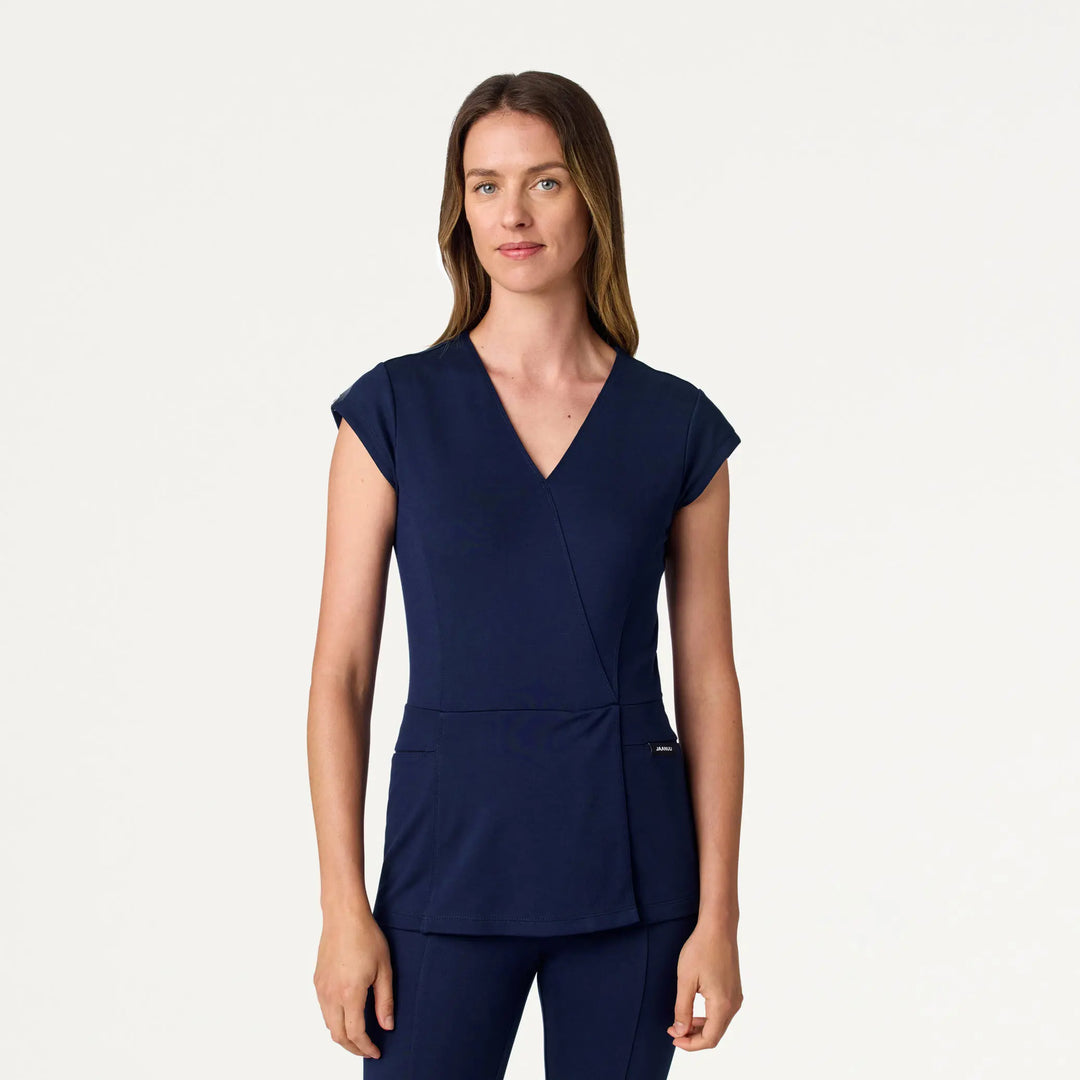 Jaanuu Scrubs Women's Isla Mock-Wrap ULTRAsoft Scrub Top Midnight Navy | scrub-supply.com
