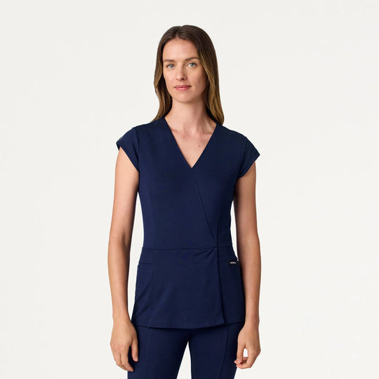 Jaanuu Scrubs Women's Isla Mock-Wrap ULTRAsoft Scrub Top Midnight Navy | scrub-supply.com