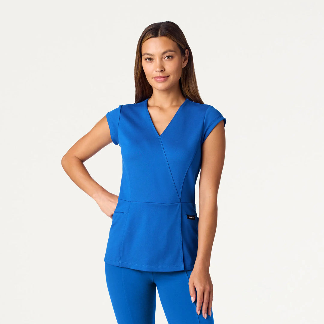 Jaanuu Scrubs Women's Isla Mock-Wrap ULTRAsoft Scrub Top Royal Blue | scrub-supply.com