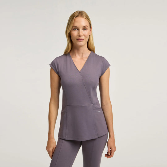 Jaanuu Scrubs Women's Isla Mock-Wrap Scrub Top Titanium | scrub-supply.com