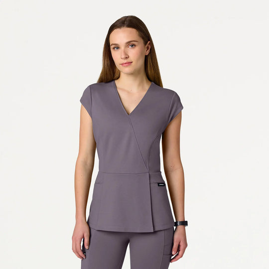 Jaanuu Scrubs Women's Isla Mock-Wrap Scrub Top Titanium | scrub-supply.com