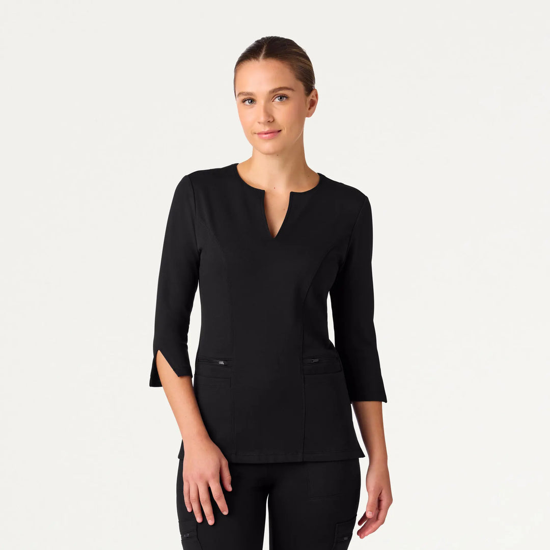Jaanuu Scrubs Women's Zoe Slim 3/4-Sleeve Scrub Top Black | scrub-supply.com