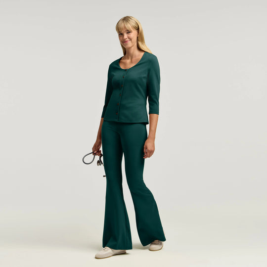 Jaanuu Scrubs Women's Kenz Buttoned 3/4-Sleeve Scrub Top Midnight Green | scrub-supply.com