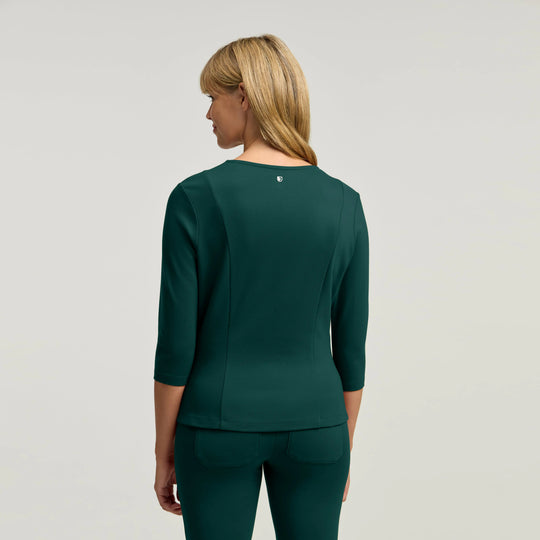 Jaanuu Scrubs Women's Kenz Buttoned 3/4-Sleeve Scrub Top Midnight Green | scrub-supply.com