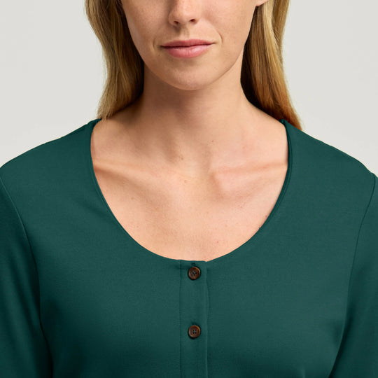 Jaanuu Scrubs Women's Kenz Buttoned 3/4-Sleeve Scrub Top Midnight Green | scrub-supply.com