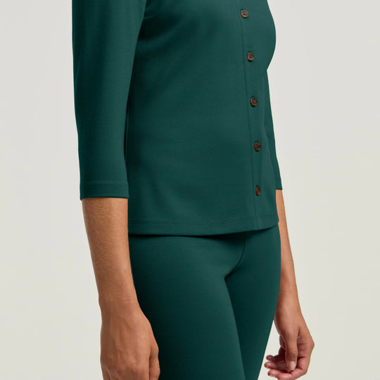 Jaanuu Scrubs Women's Kenz Buttoned 3/4-Sleeve Scrub Top Midnight Green | scrub-supply.com
