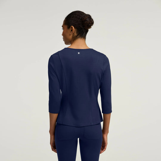 Jaanuu Scrubs Women's Kenz Buttoned 3/4-Sleeve Scrub Top Midnight Navy | scrub-supply.com