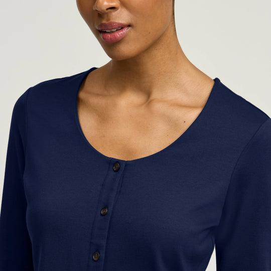 Jaanuu Scrubs Women's Kenz Buttoned 3/4-Sleeve Scrub Top Midnight Navy | scrub-supply.com