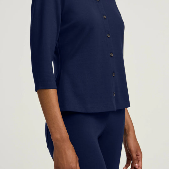 Jaanuu Scrubs Women's Kenz Buttoned 3/4-Sleeve Scrub Top Midnight Navy | scrub-supply.com
