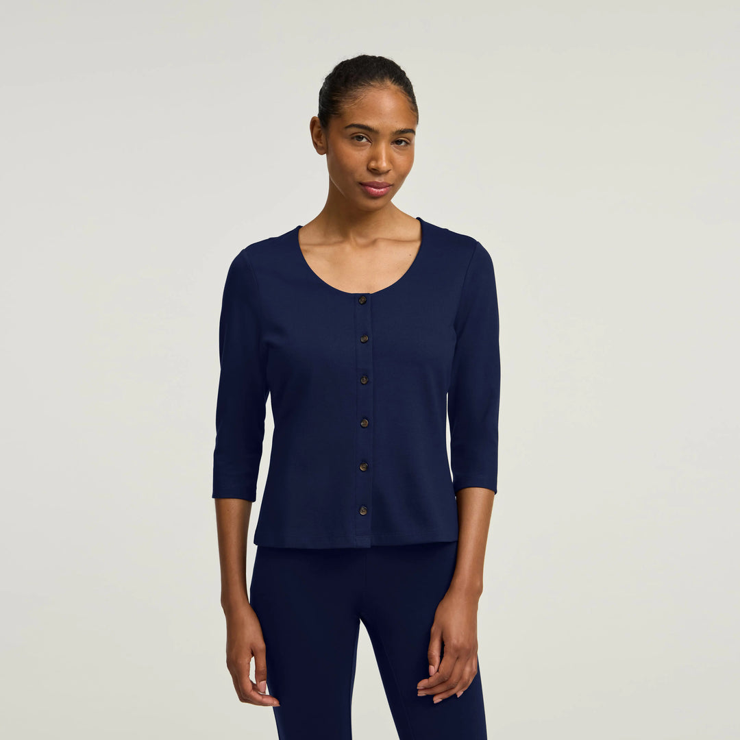 Jaanuu Scrubs Women's Kenz Buttoned 3/4-Sleeve Scrub Top Midnight Navy | scrub-supply.com
