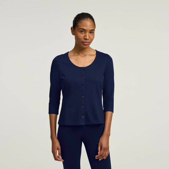 Jaanuu Scrubs Women's Kenz Buttoned 3/4-Sleeve Scrub Top Midnight Navy | scrub-supply.com