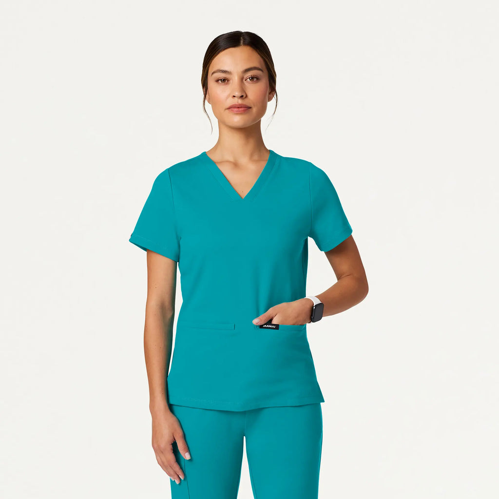 Jaanuu Scrubs Women's Cesi Slim ULTRAsoft Scrub Top Aqua | scrub-supply.com