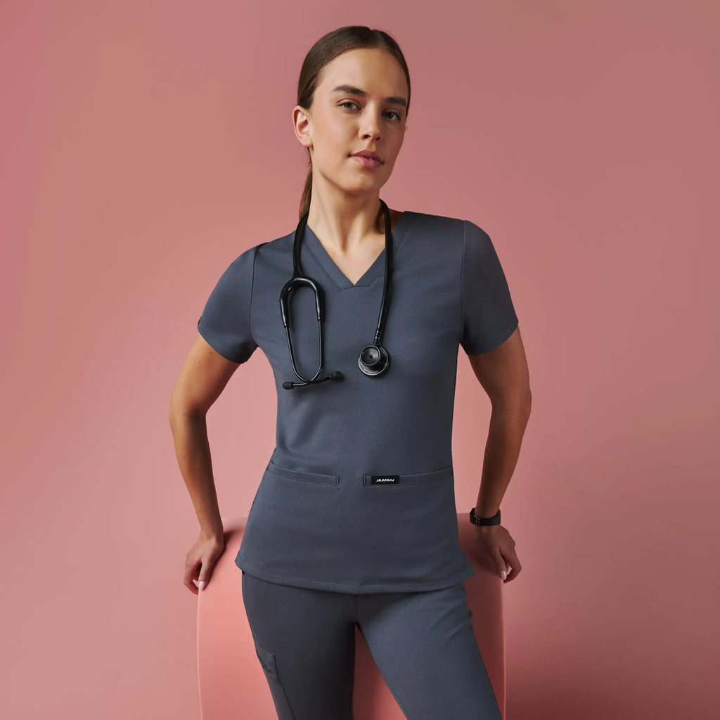 Jaanuu Scrubs Women's Cesi Slim ULTRAsoft Scrub Top Carbon Gray | scrub-supply.com