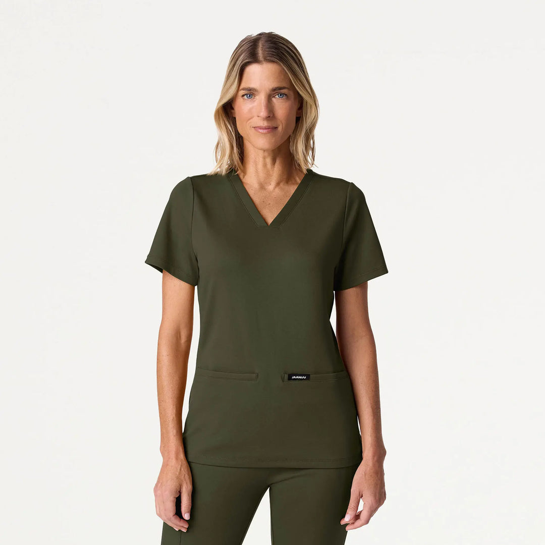 Jaanuu Scrubs Women's Cesi Slim ULTRAsoft Scrub Top Deep Olive | scrub-supply.com