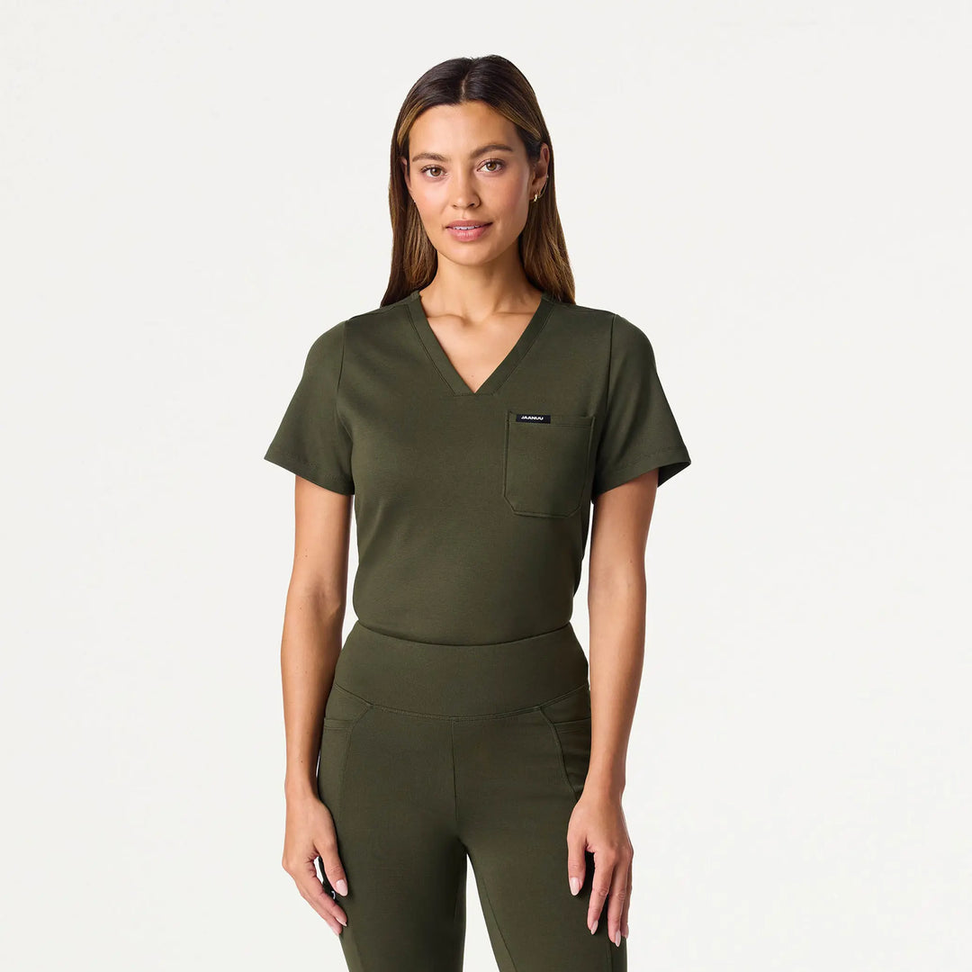 Jaanuu Scrubs Women's Sona Slim ULTRAsoft Scrub Top Deep Olive | scrub-supply.com