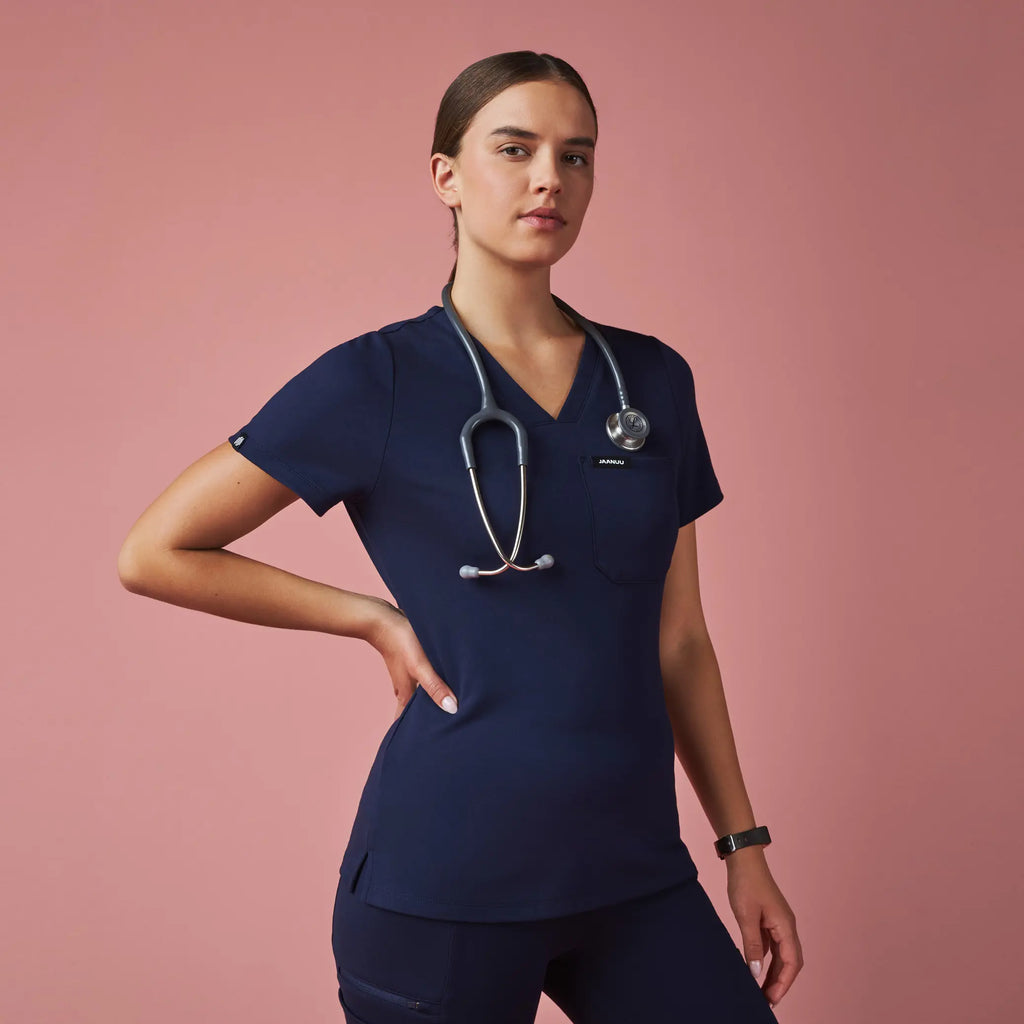 Jaanuu Scrubs Women's Sona Slim ULTRAsoft Scrub Top Midnight Navy | scrub-supply.com