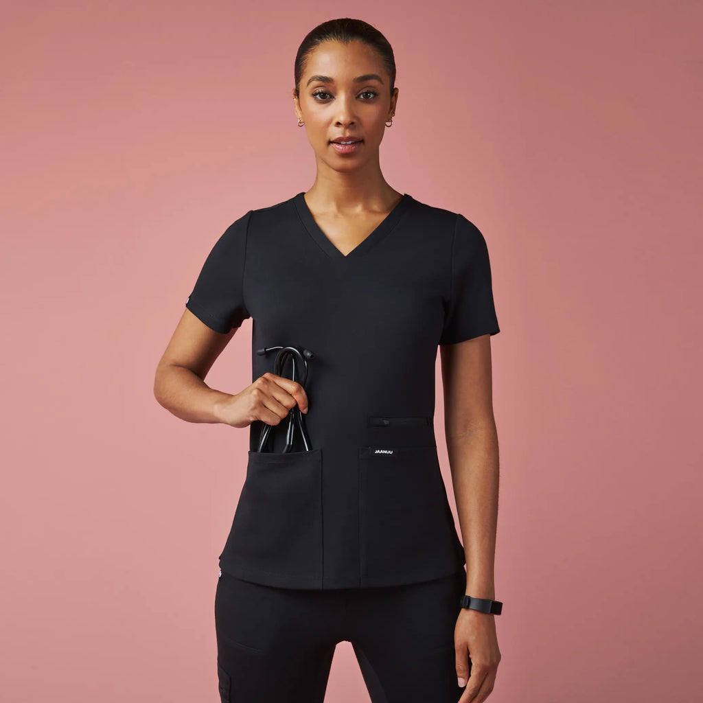 Jaanuu Scrubs Women's Kass Slim 4-Pocket ULTRAsoft Scrub Top Black | scrub-supply.com