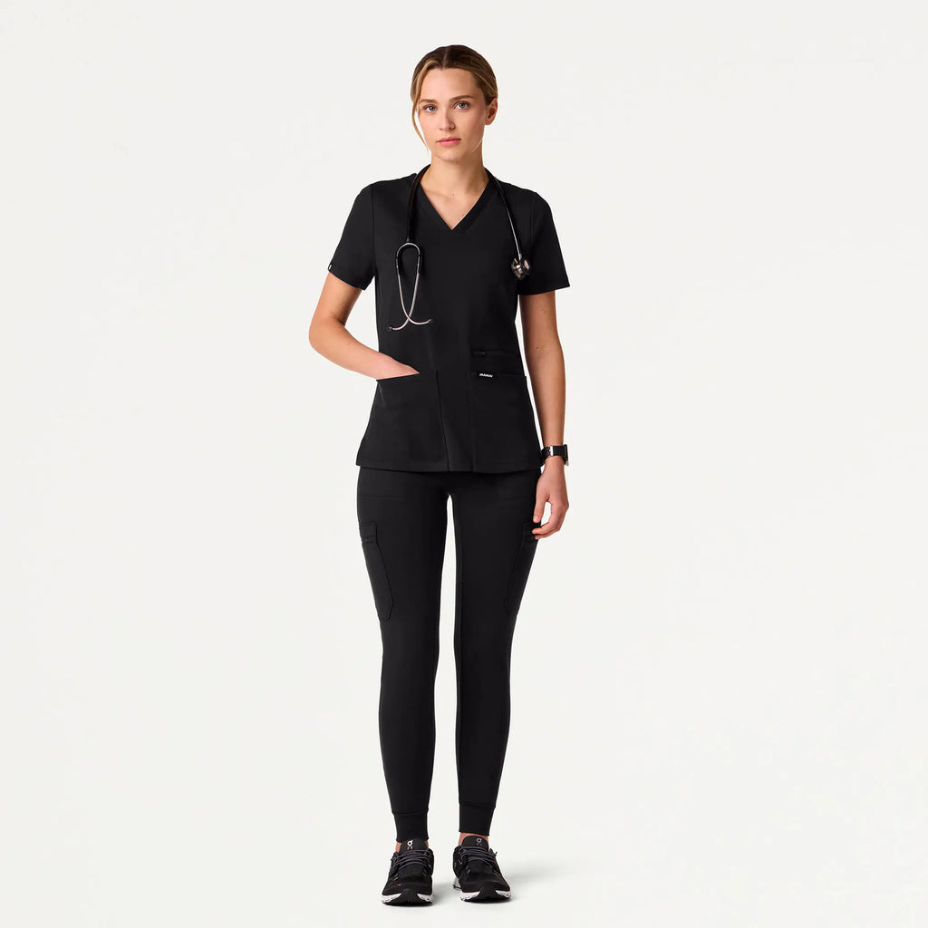 Jaanuu Scrubs Women's Kass Slim 4-Pocket ULTRAsoft Scrub Top Black | scrub-supply.com