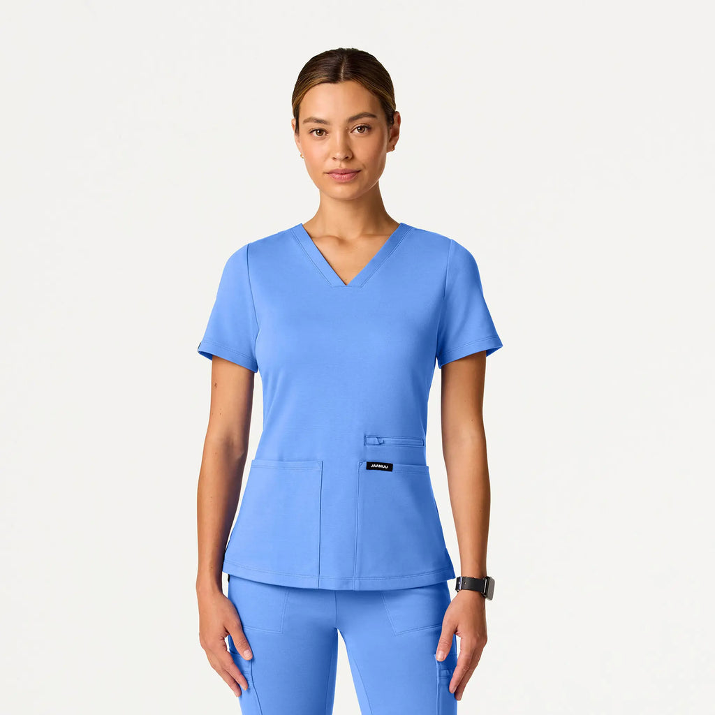 Jaanuu Scrubs Women's Kass Slim 4-Pocket ULTRAsoft Scrub Top Ceil Blue | scrub-supply.com