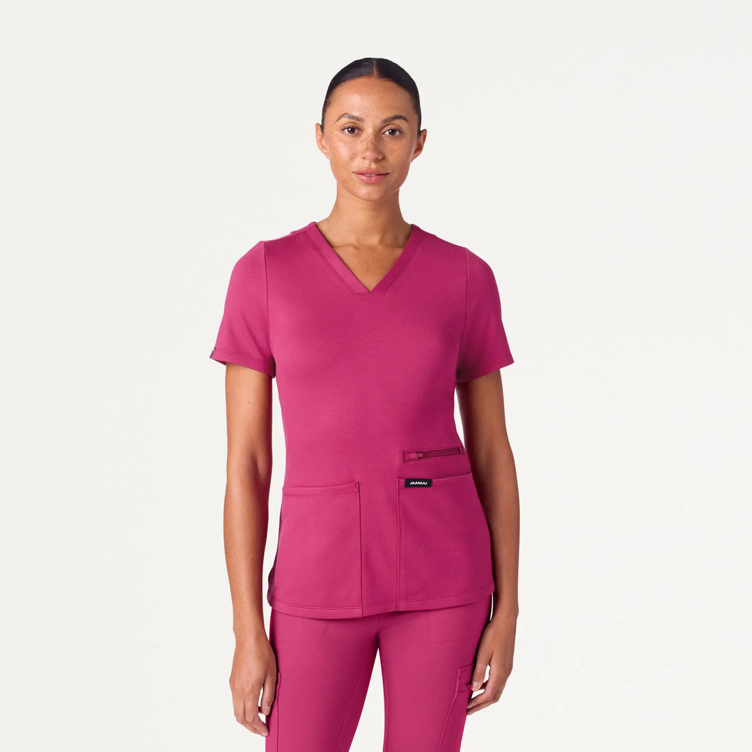 Jaanuu Scrubs Women's Kass Slim 4-Pocket Scrub Top Wild Berry | scrub-supply.com
