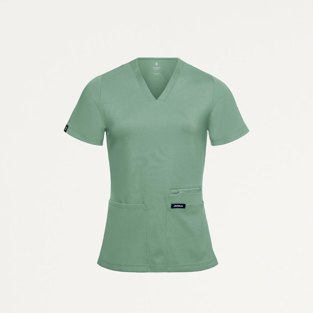 Jaanuu Scrubs Women's Kass Slim 4-Pocket ULTRAsoft Scrub Top Sage | scrub-supply.com