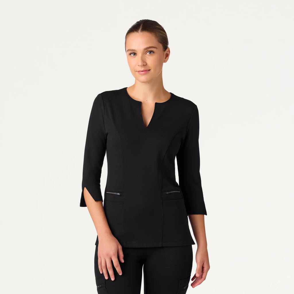 Jaanuu Scrubs Women's Zoe Slim 3/4-Sleeve ULTRAsoft Scrub Top Black | scrub-supply.com