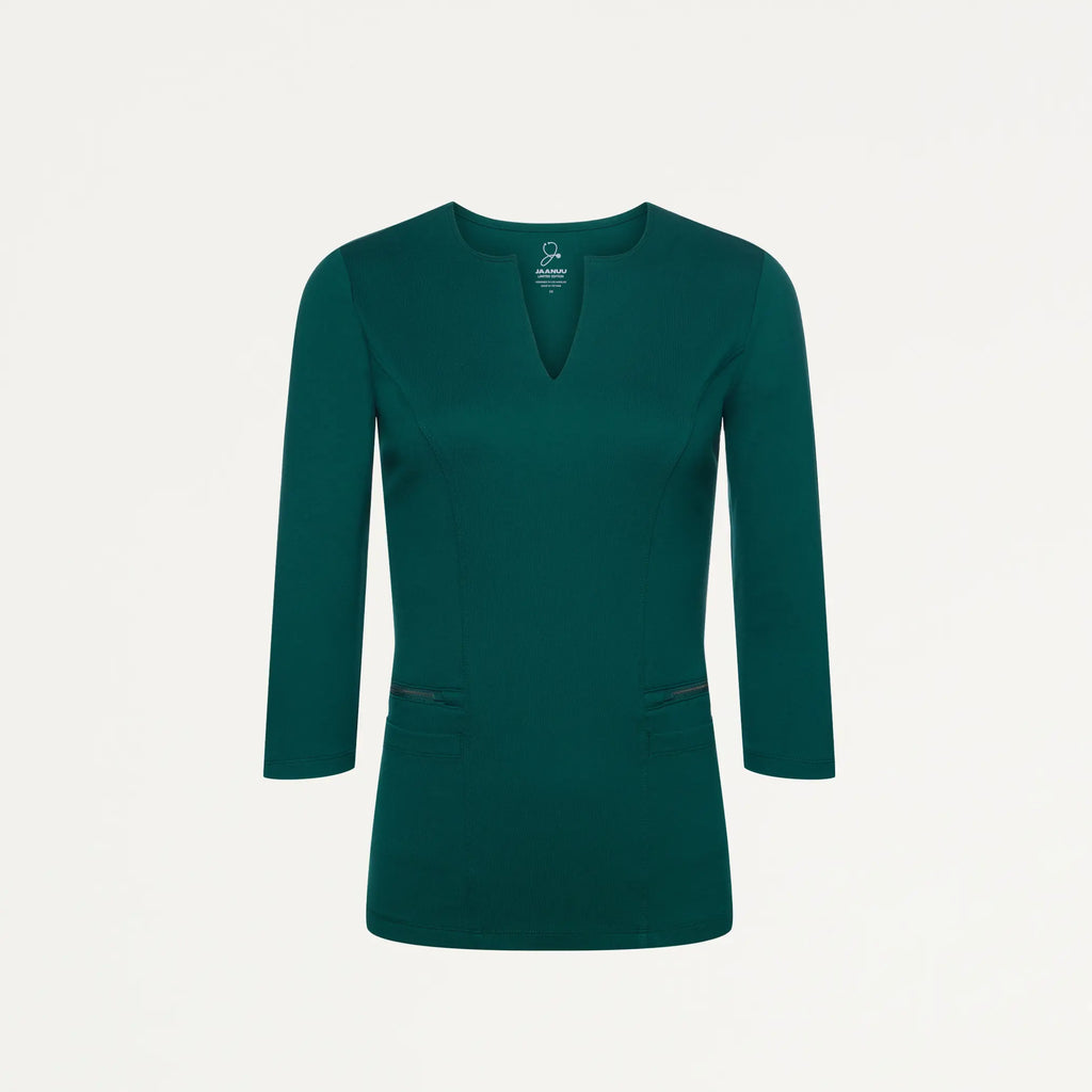 Jaanuu Scrubs Women's Zoe Slim 3/4-Sleeve ULTRAsoft Scrub Top Midnight Green | scrub-supply.com