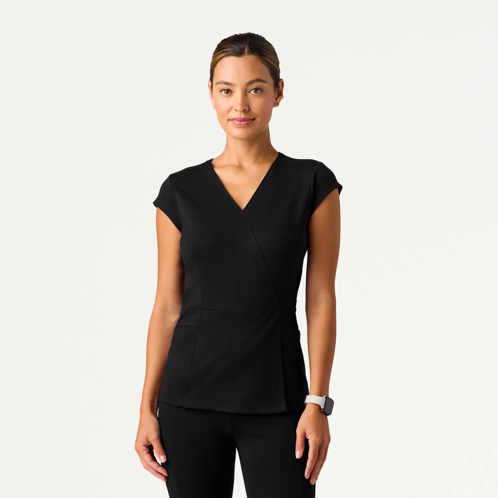 Jaanuu Scrubs Women's Isla Mock-Wrap ULTRAsoft Scrub Top Black | scrub-supply.com