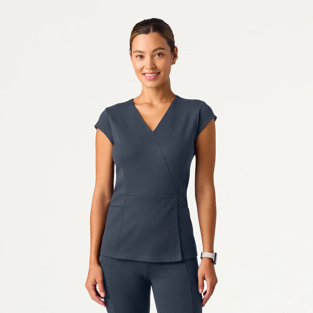 Jaanuu Scrubs Women's Isla Mock-Wrap ULTRAsoft Scrub Top Carbon Gray | scrub-supply.com