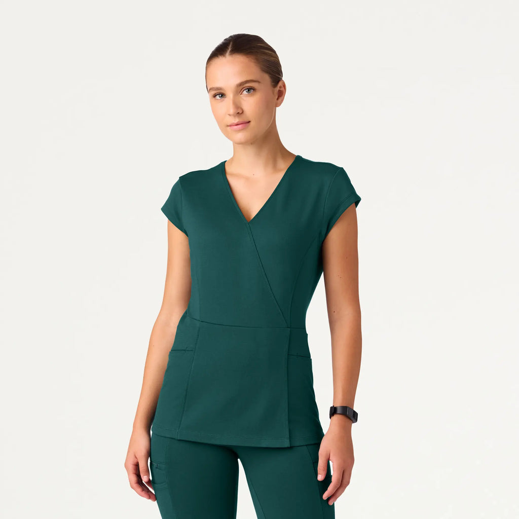 Jaanuu Scrubs Women's Isla Mock-Wrap ULTRAsoft Scrub Top Midnight Green | scrub-supply.com