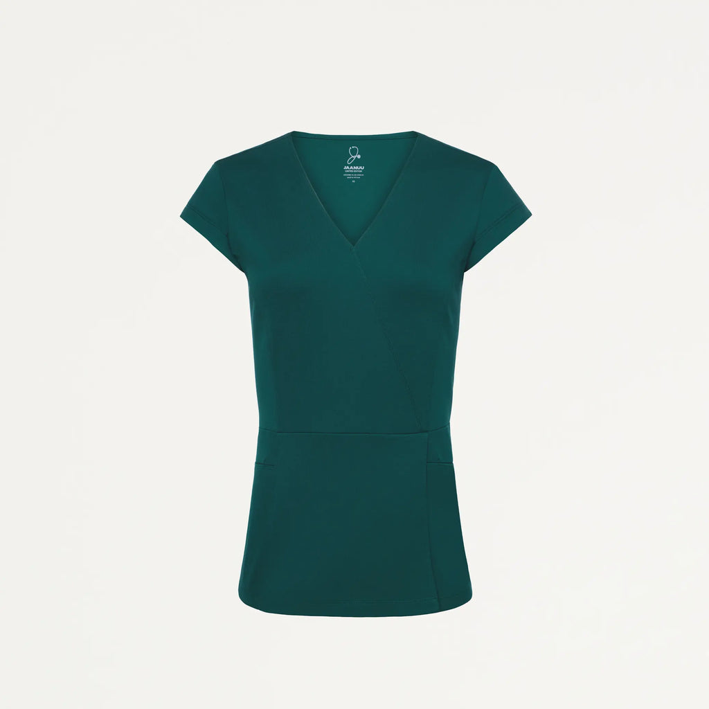 Jaanuu Scrubs Women's Isla Mock-Wrap ULTRAsoft Scrub Top Midnight Green | scrub-supply.com